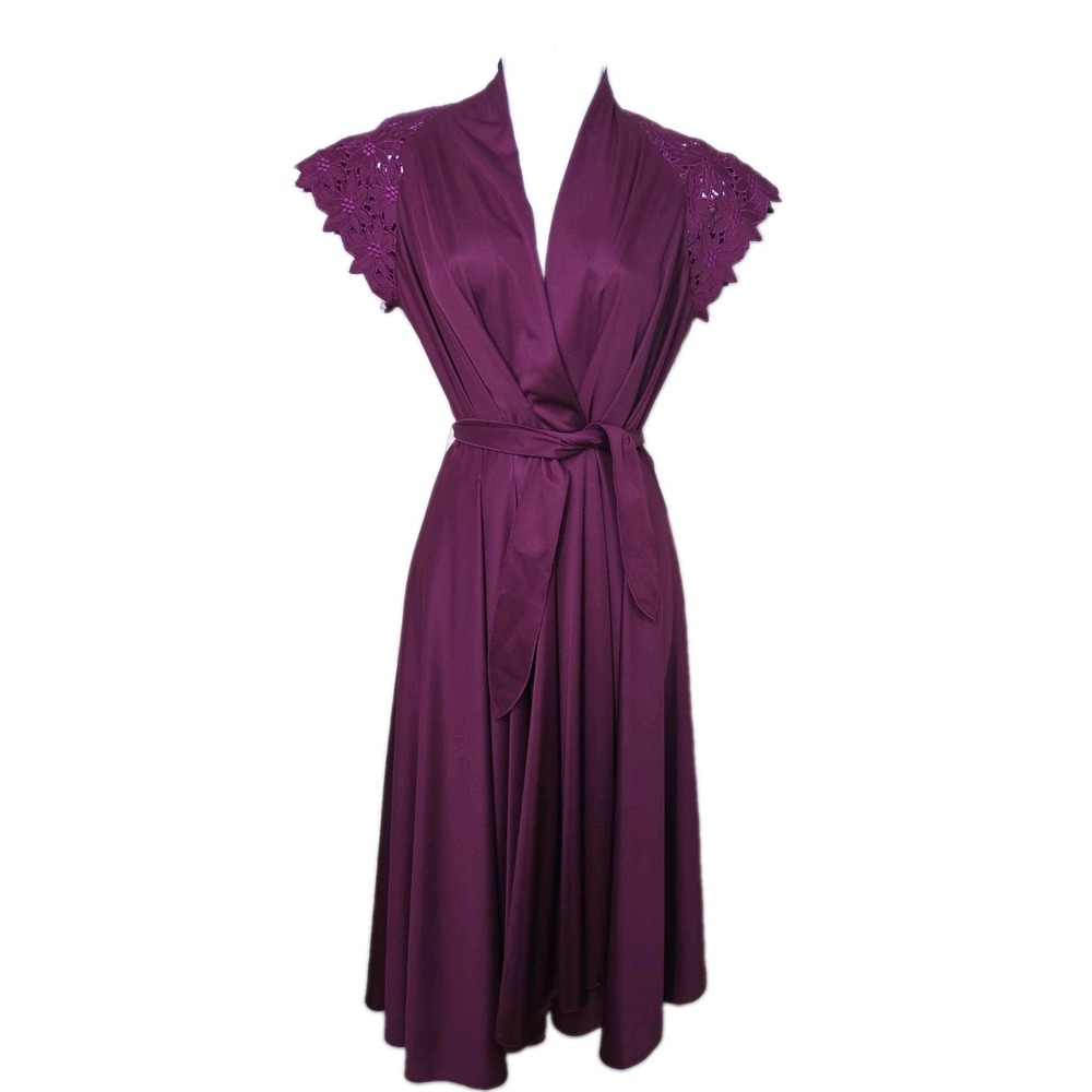 Vtg 70s Wrap Dress Floral Cutwork Slinky Purple Tie Belt Ayres Eysen Union Sz 12